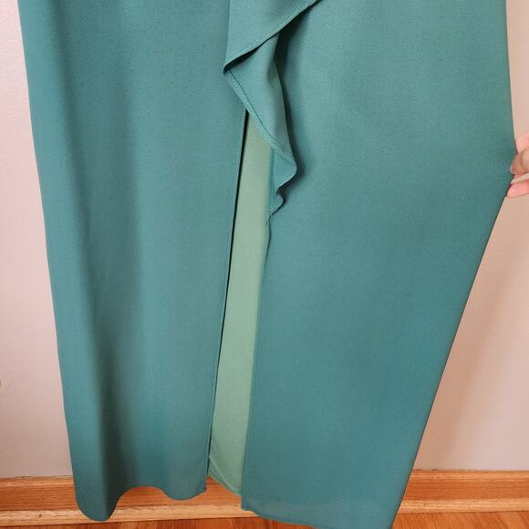 Halston Dark Green Sleeveless Ruffle Font Slit Maxi Formal Dress - Picture 5 of 6